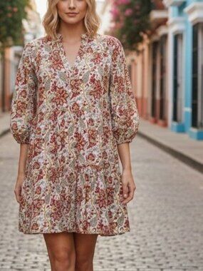 Fitzroy & Willa Floral Block Print Mini Dress Ivory Red Multicolor Floral XS